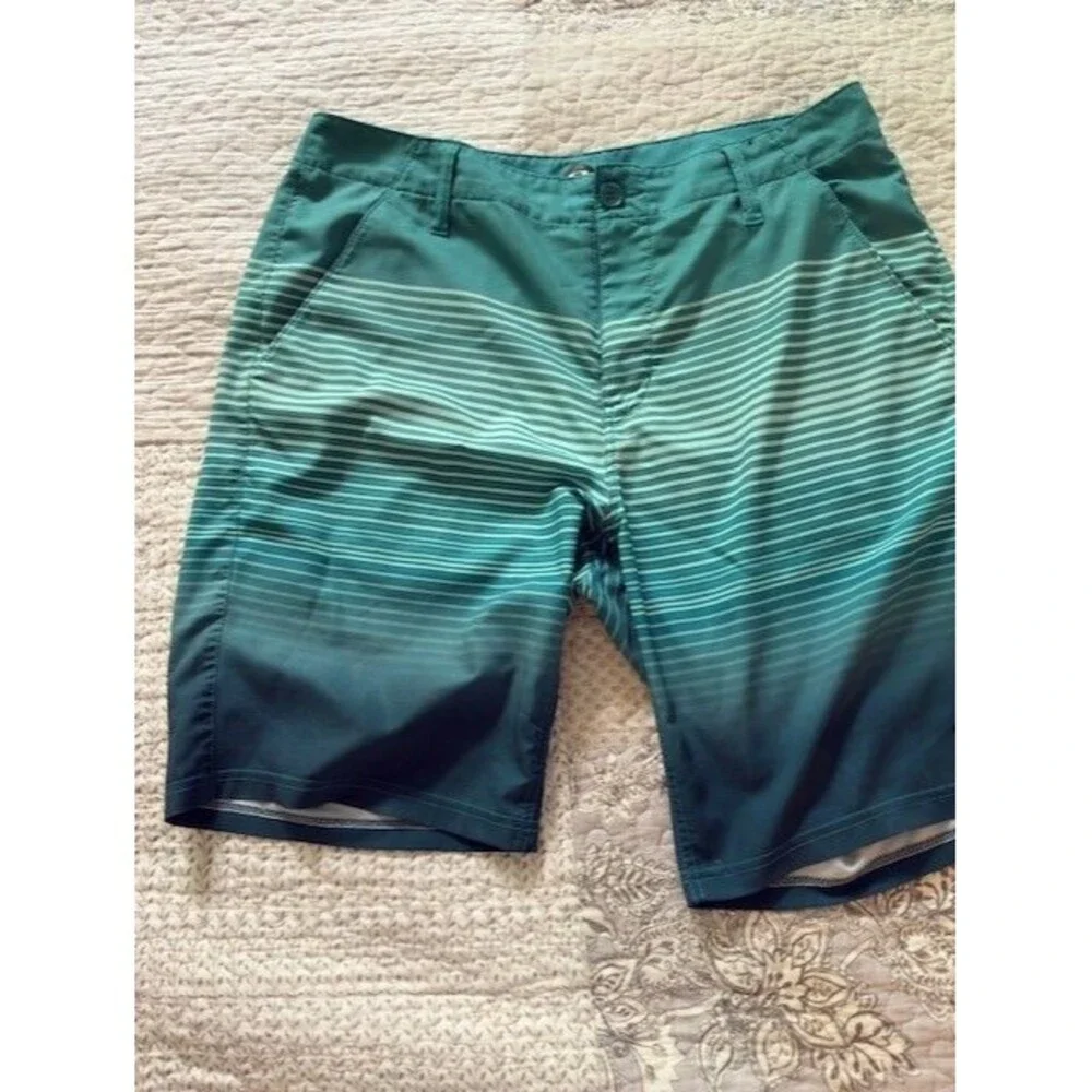OAKLEY Swim Trunks‎ Men's Size 34 Green Stripe Board Surfer Logo Beach